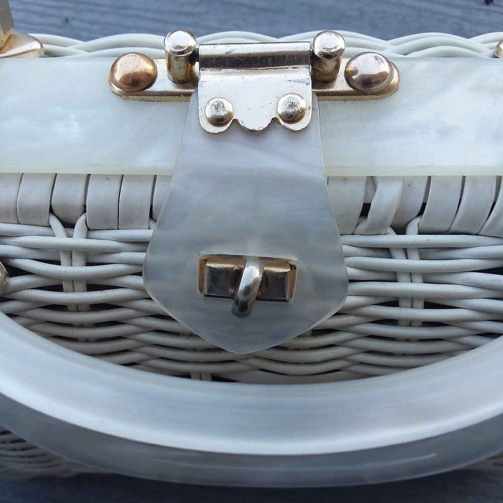 Vintage wicker handbag with lucite handles circa 1950's  made in Hong Kong